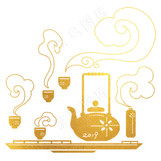 烫金2019年新中式茶艺祥云装饰图�,免抠元素