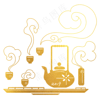 烫金2019年新中式茶艺祥云装饰图�,免抠元素