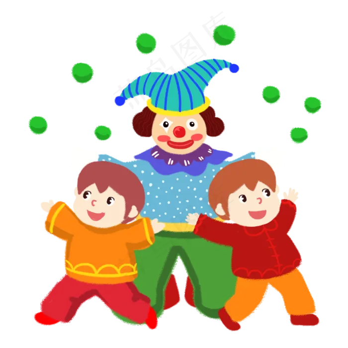 愚人节小丑与小孩欢乐抛球手绘人,免抠元素(3000X3000(DPI:300))psd模版下载