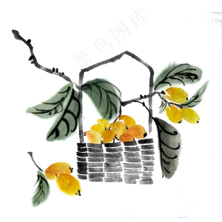枇杷国画水墨黄金PNG水果甜蜜