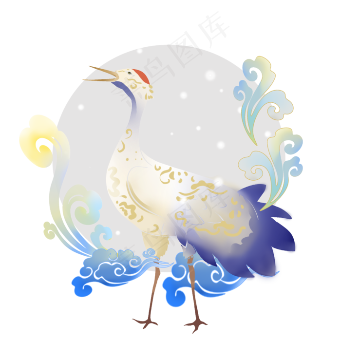 国潮仙鹤祥云明月,免抠元素