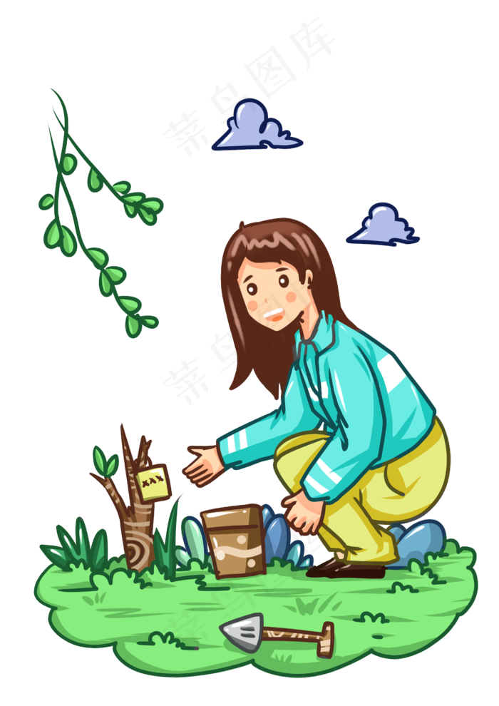 植树节小女孩和树木