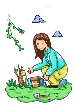 植树节小女孩和树木