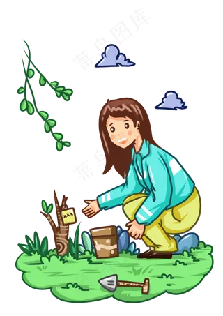 植树节小女孩和树木