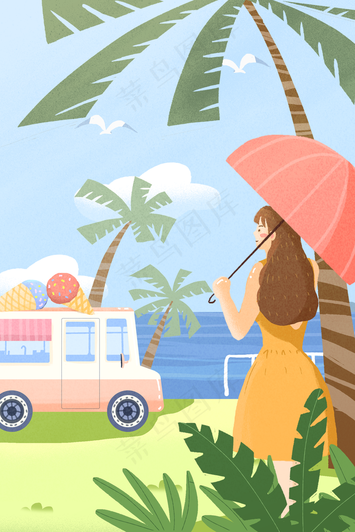 盛夏插画冰激凌车海报背景