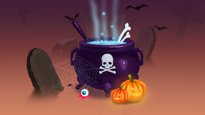 万圣节火炉煮骨头恐怖场景插画