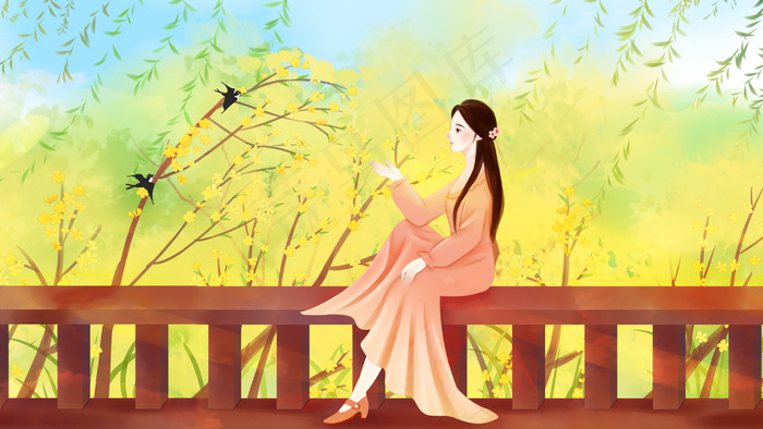 立春少女欣赏迎春花