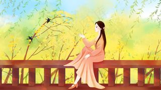 立春少女欣赏迎春花