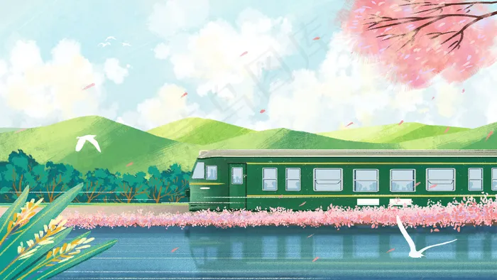 交通工具之绿皮火车野外风景(2880*1620px 300 dpi )psd模版下载