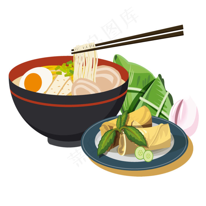 花甲鸡蛋面和粽子春卷元素