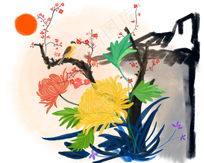 中国风水墨水彩墙角梅兰菊手绘免(2500X2000(DPI:300))psd模版下载