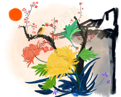 中国风水墨水彩墙角梅兰菊手绘免