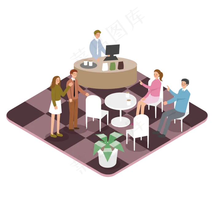 2.5D卡通手绘咖啡厅相约(3508X4961(DPI:300))ai矢量模版下载