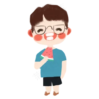 夏季吃西瓜的戴眼镜男生