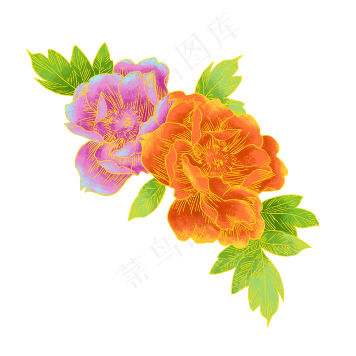 国潮双色鎏金牡丹素材(2000X2000(DPI:300))psd模版下载