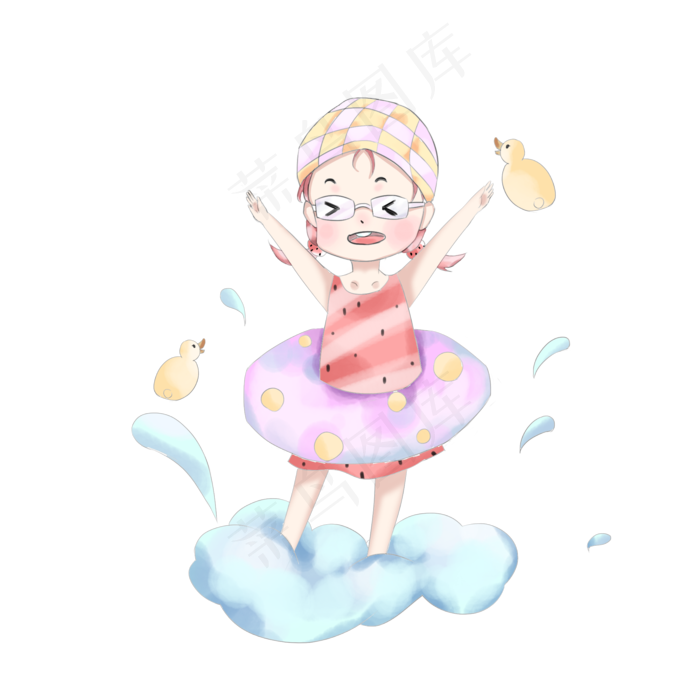 夏季大暑可爱小女孩玩水插画