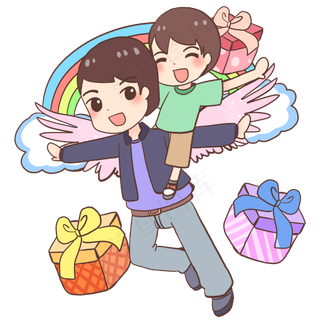 父亲背着儿子玩耍