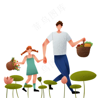 扁平游玩野餐父女