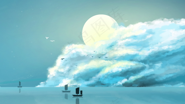 月景星空湖面手绘清新(2880*1620px 300 dpi )psd模版下载