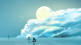 月景星空湖面手绘清新