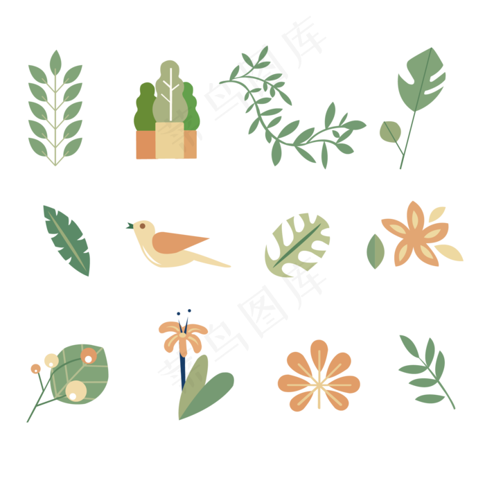 矢量扁平滑仙人掌植物叶子花鸟春