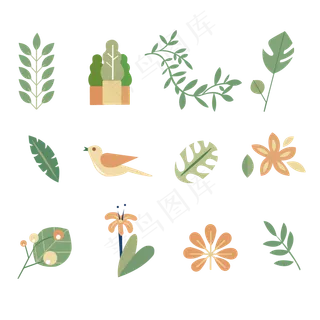 矢量扁平滑仙人掌植物叶子花鸟春 矢量扁平滑仙人掌植物叶子花鸟春