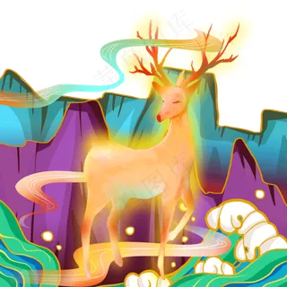 国潮山水海浪与鹿素材