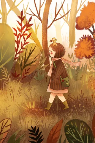 秋天森林漫步的女孩