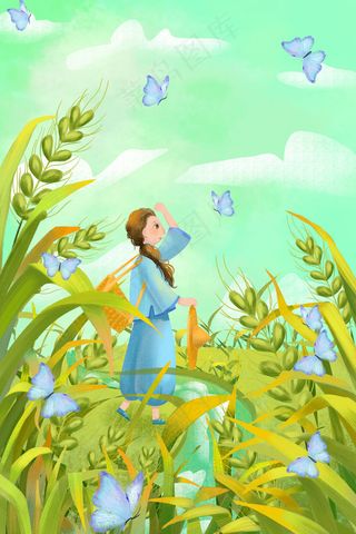 小满芒种六月你好绿色女孩小麦