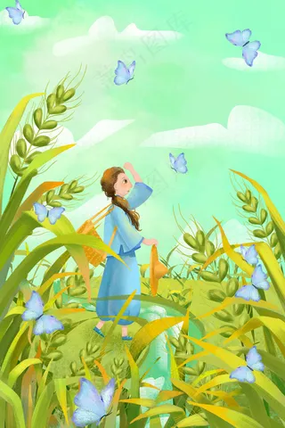 小满芒种六月你好绿色女孩小麦