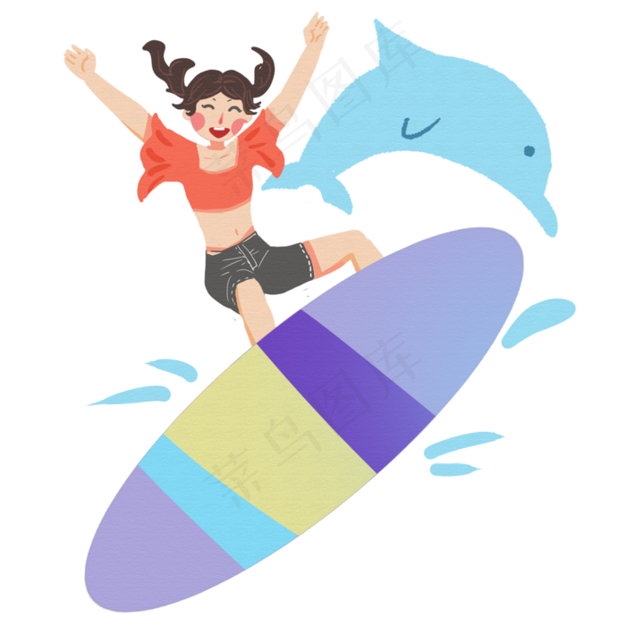 夏天冲浪玩耍手绘