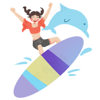 夏天冲浪玩耍手绘