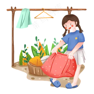 劳动节晾衣服的小女孩