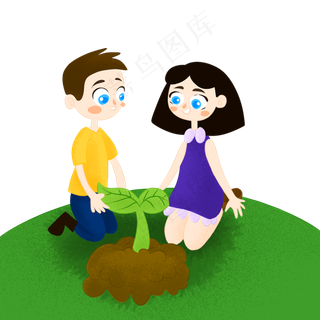 手绘植树节卡通男孩和女孩呵护幼