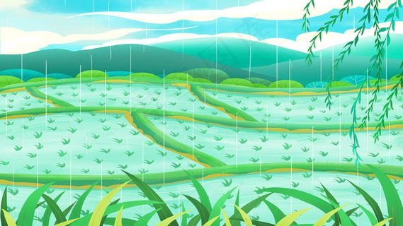 谷雨唯美清新下雨天的田野