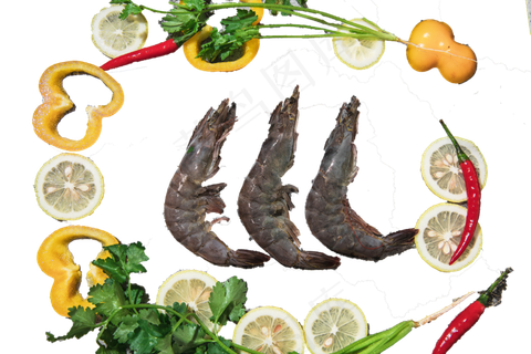 柠檬彩椒围绕的三只大虾,免抠元素