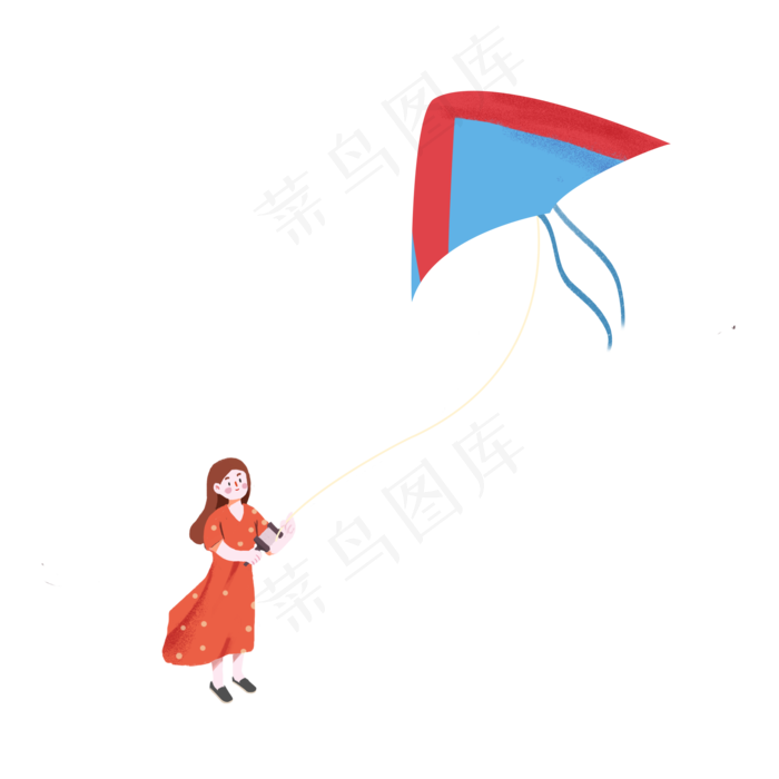 小女孩放风筝卡通png素材,免抠元素
