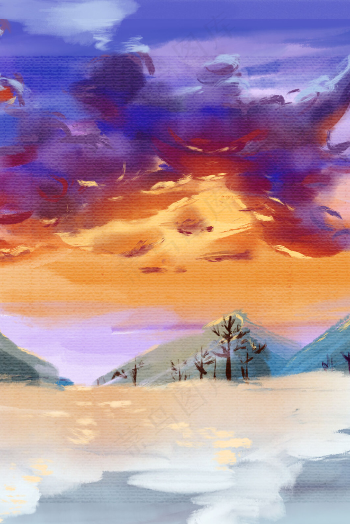 油画笔触质感绚烂色彩雪地云朵风景