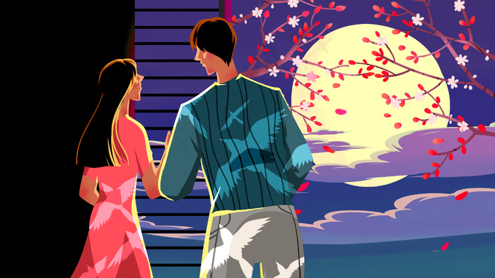 蓝色系卡通手绘风七夕情侣配图(2880*1620px 300 dpi )psd模版下载