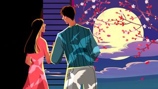 蓝色系卡通手绘风七夕情侣配图