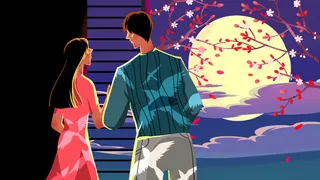 蓝色系卡通手绘风七夕情侣配图