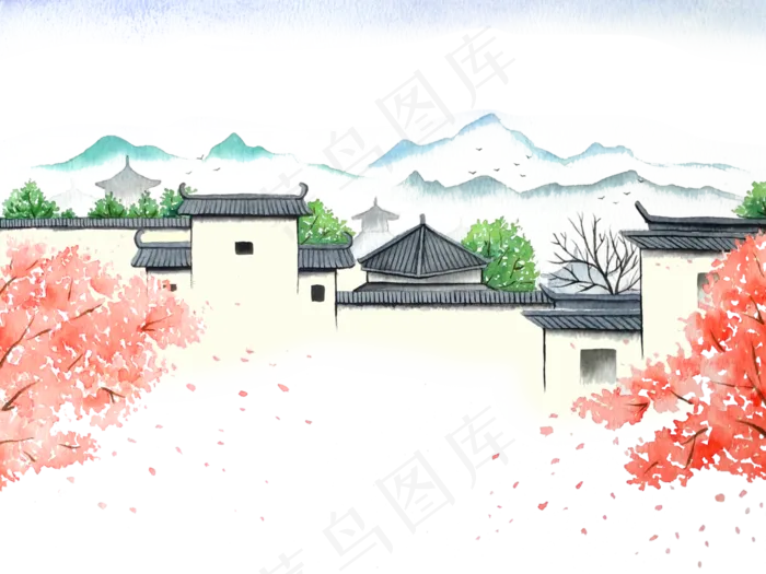 中国水彩江南建筑风景桃花,免抠元素(4000*3000px 300 dpi )psd模版下载