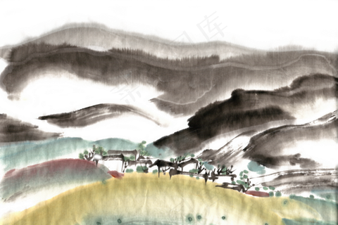 山村景色水墨画抽象水墨PNG免抠素