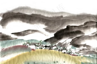 山村景色水墨画抽象水墨PNG免抠素
