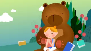 绿色系扁平风读书日小熊女孩看书配图