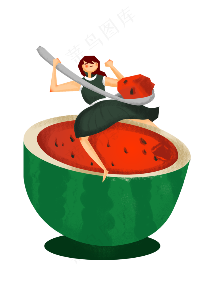 夏天吃西瓜的小女孩手绘(2480X3508(DPI:300))psd模版下载