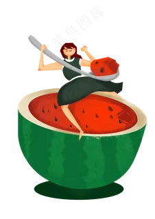 夏天吃西瓜的小女孩手绘