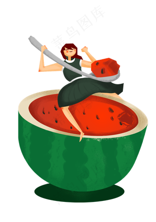 夏天吃西瓜的小女孩手绘