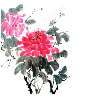 春天牡丹水墨写意国画PNG,免抠元素