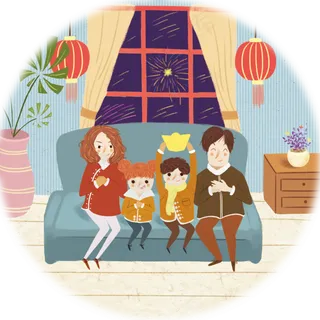 元宵节一家人坐沙发上看电视欣赏,免抠元素